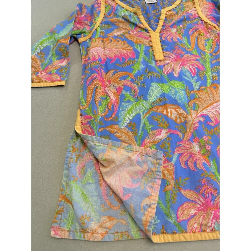 Gretchen Scott Womens XS Blue Orange Pink Tropical Floral Bead V-Neck Tunic Top - Picture 7 of 10